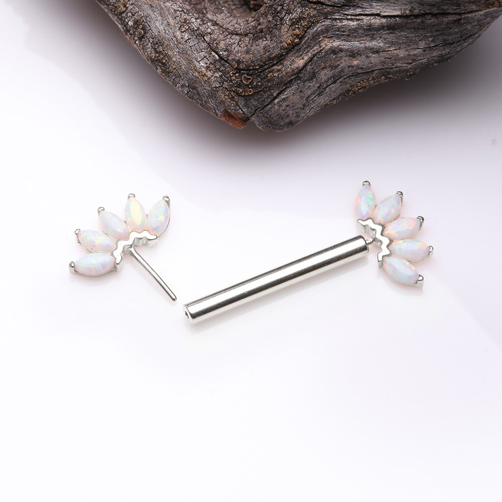 Detail View 2 of A Pair of 14 Karat White Gold OneFit Threadless Marquise Fire Opal Floral Nipple Barbell-White Opal