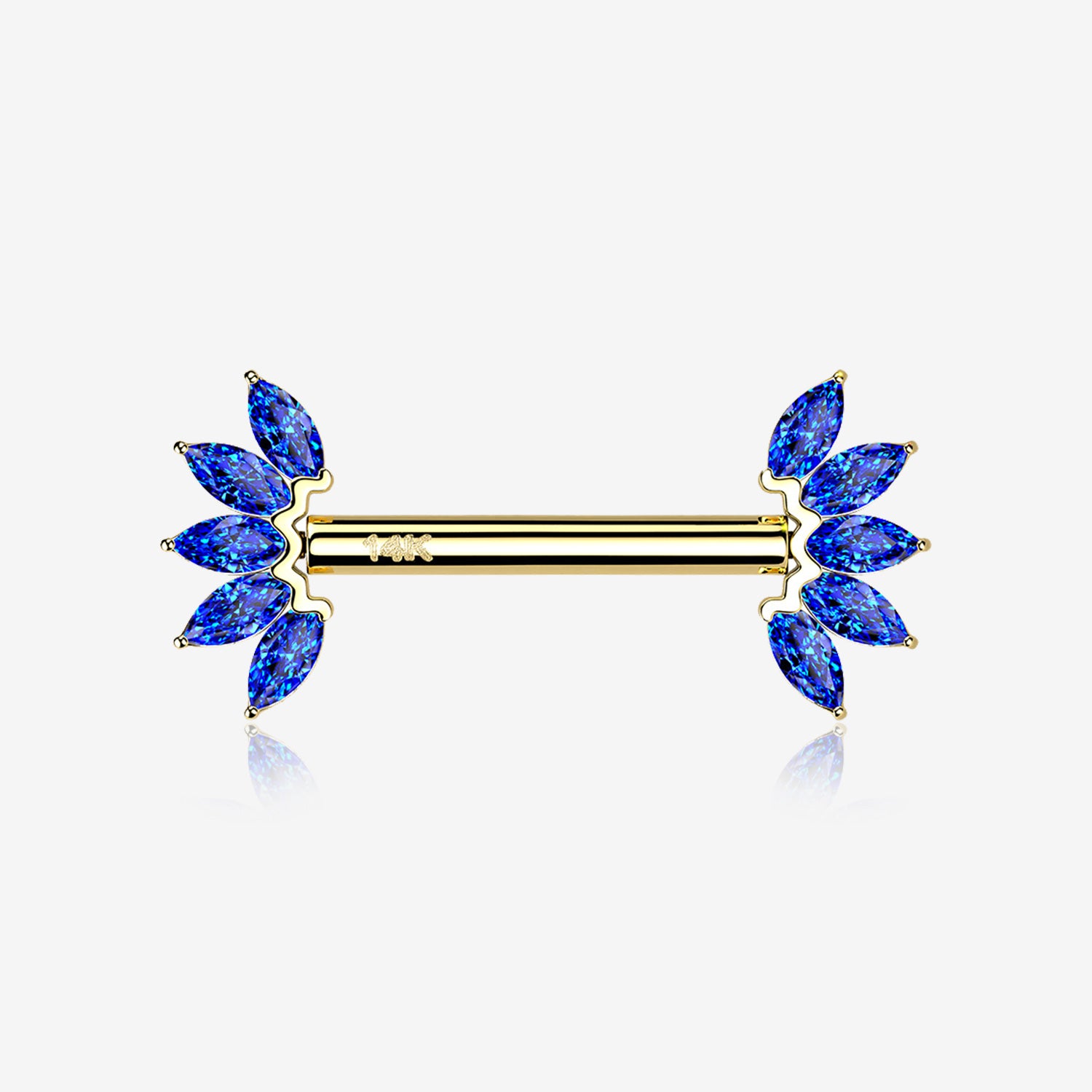 A Pair of 14 Karat Gold OneFit Threadless Marquise Sparkle Floral Nipple Barbell-Blue
