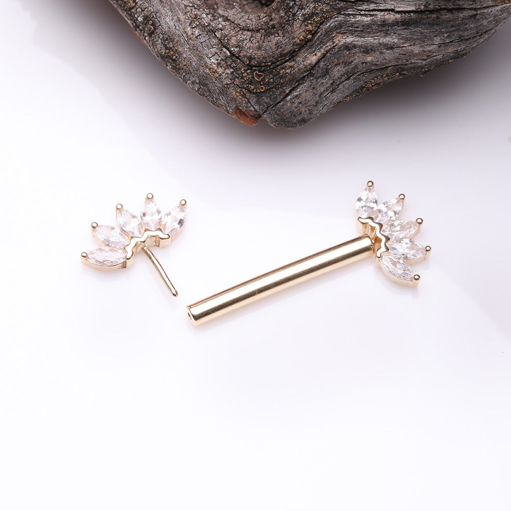 Detail View 2 of A Pair of 14 Karat Gold OneFit Threadless Marquise Sparkle Floral Nipple Barbell-Clear Gem