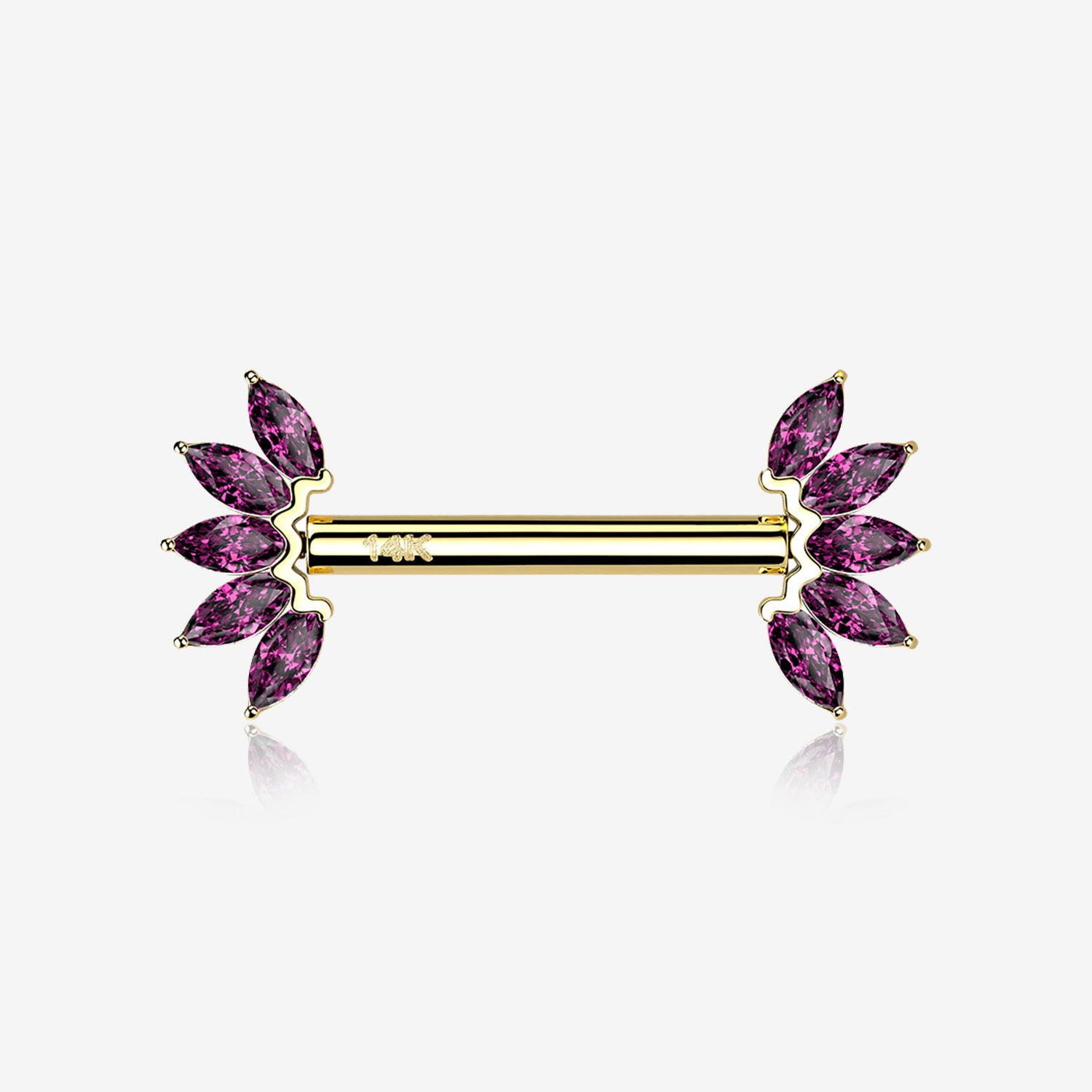 A Pair of 14 Karat Gold OneFit Threadless Marquise Sparkle Floral Nipple Barbell-Red