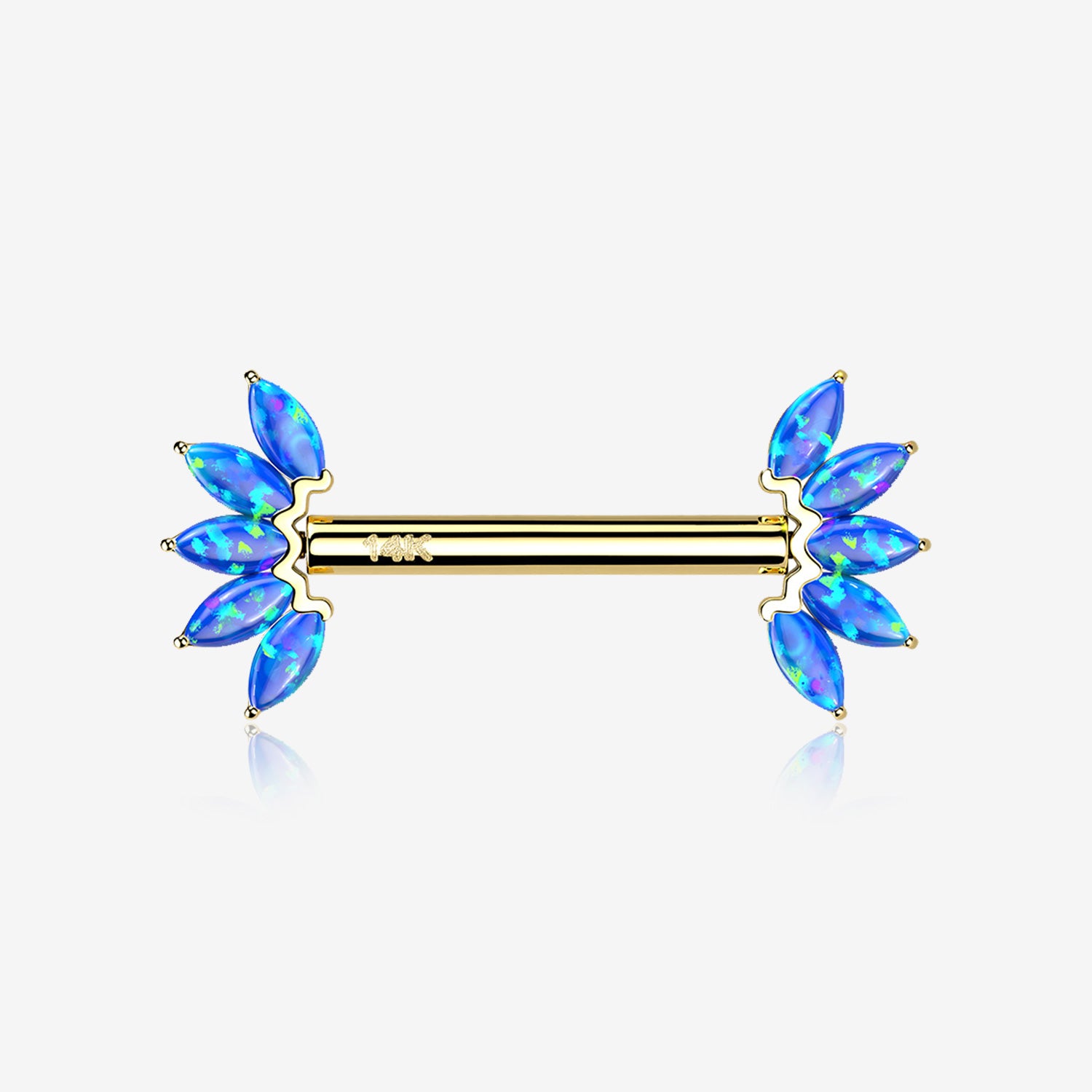A Pair of 14 Karat Gold OneFit Threadless Marquise Fire Opal Floral Nipple Barbell-Blue Opal