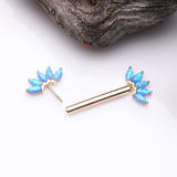 Detail View 2 of A Pair of 14 Karat Gold OneFit Threadless Marquise Fire Opal Floral Nipple Barbell-Blue Opal