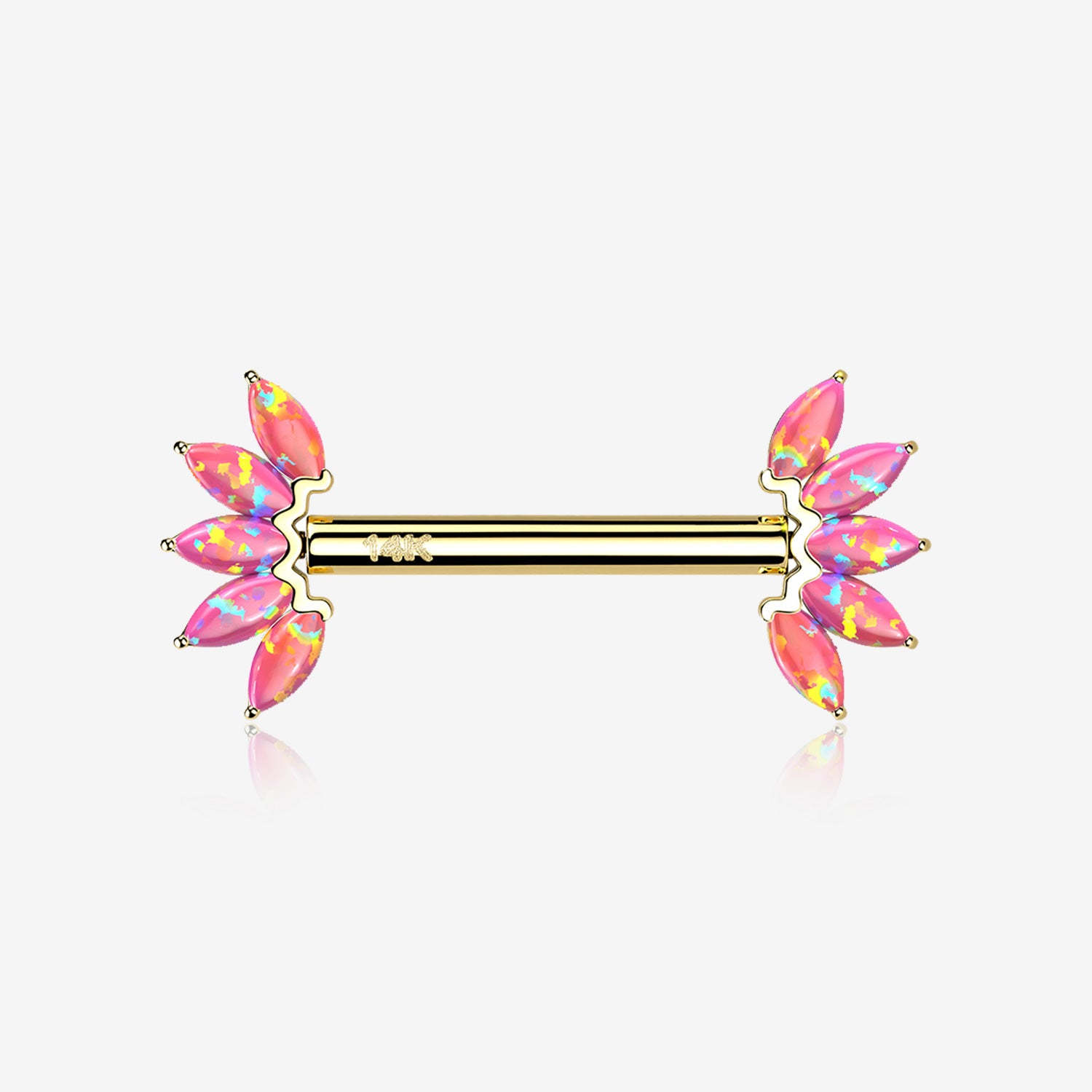 A Pair of 14 Karat Gold OneFit Threadless Marquise Fire Opal Floral Nipple Barbell-Pink Opal