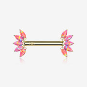 A Pair of 14 Karat Gold OneFit Threadless Marquise Fire Opal Floral Nipple Barbell