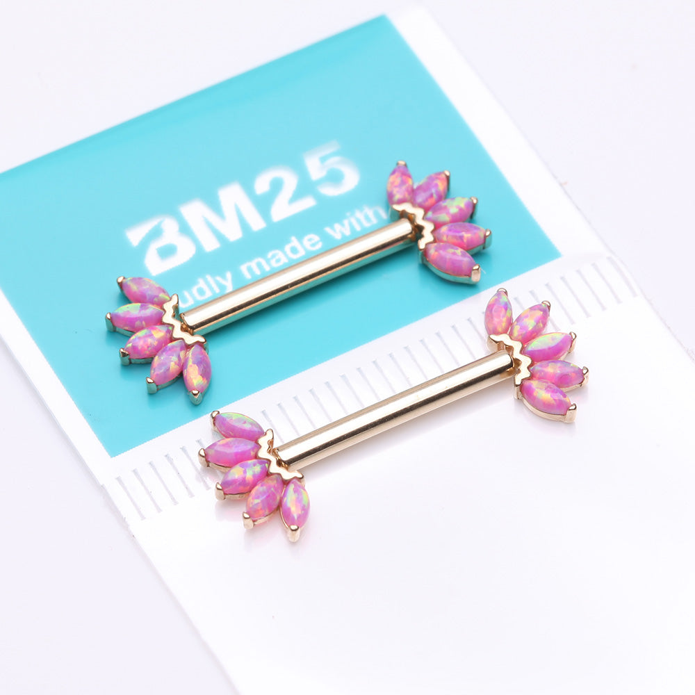 Detail View 3 of A Pair of 14 Karat Gold OneFit Threadless Marquise Fire Opal Floral Nipple Barbell-Pink Opal