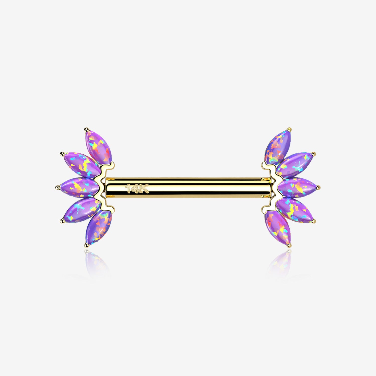 A Pair of 14 Karat Gold OneFit Threadless Marquise Fire Opal Floral Nipple Barbell-Purple Opal