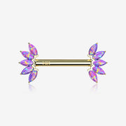 A Pair of 14 Karat Gold OneFit Threadless Marquise Fire Opal Floral Nipple Barbell