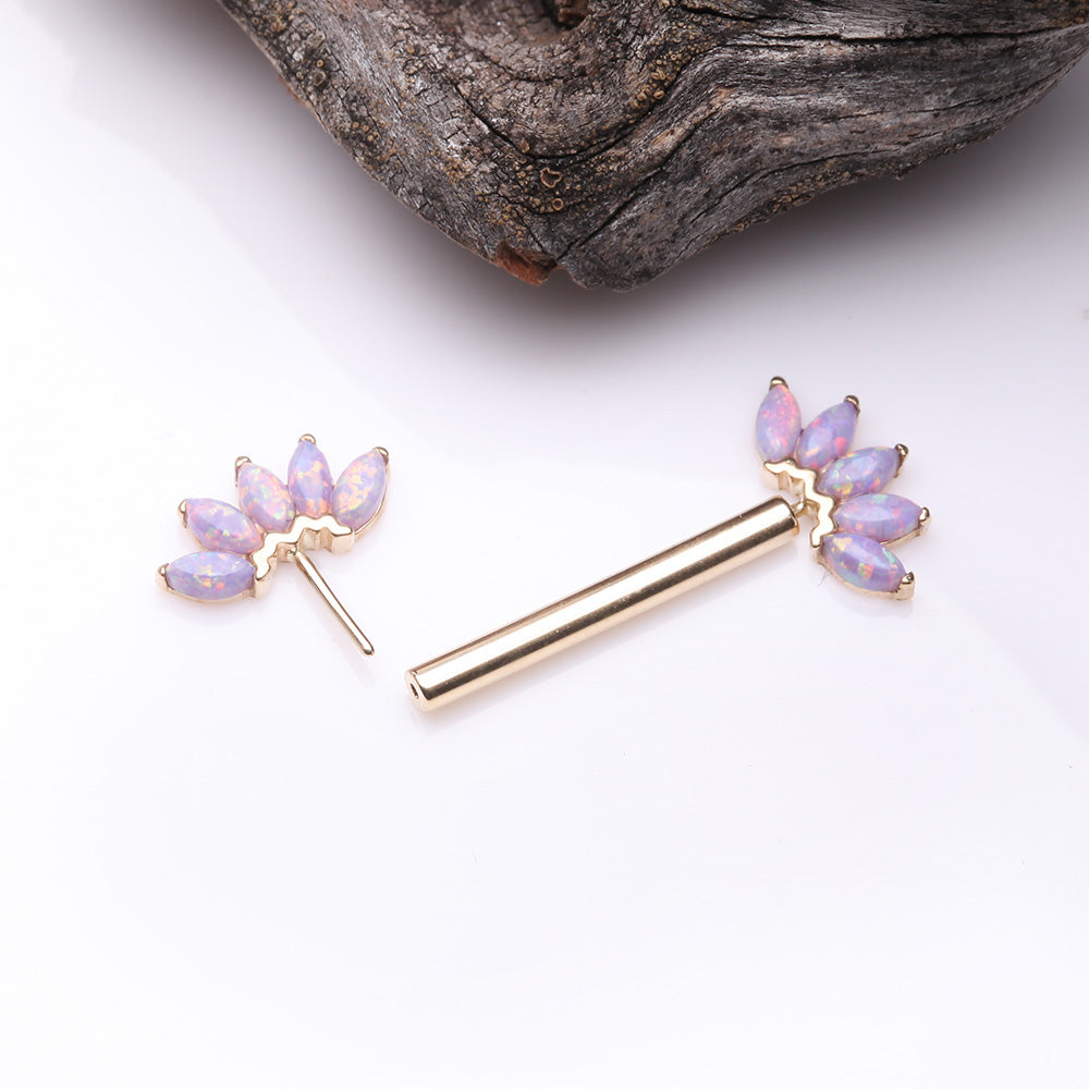 Detail View 2 of A Pair of 14 Karat Gold OneFit Threadless Marquise Fire Opal Floral Nipple Barbell-Purple Opal