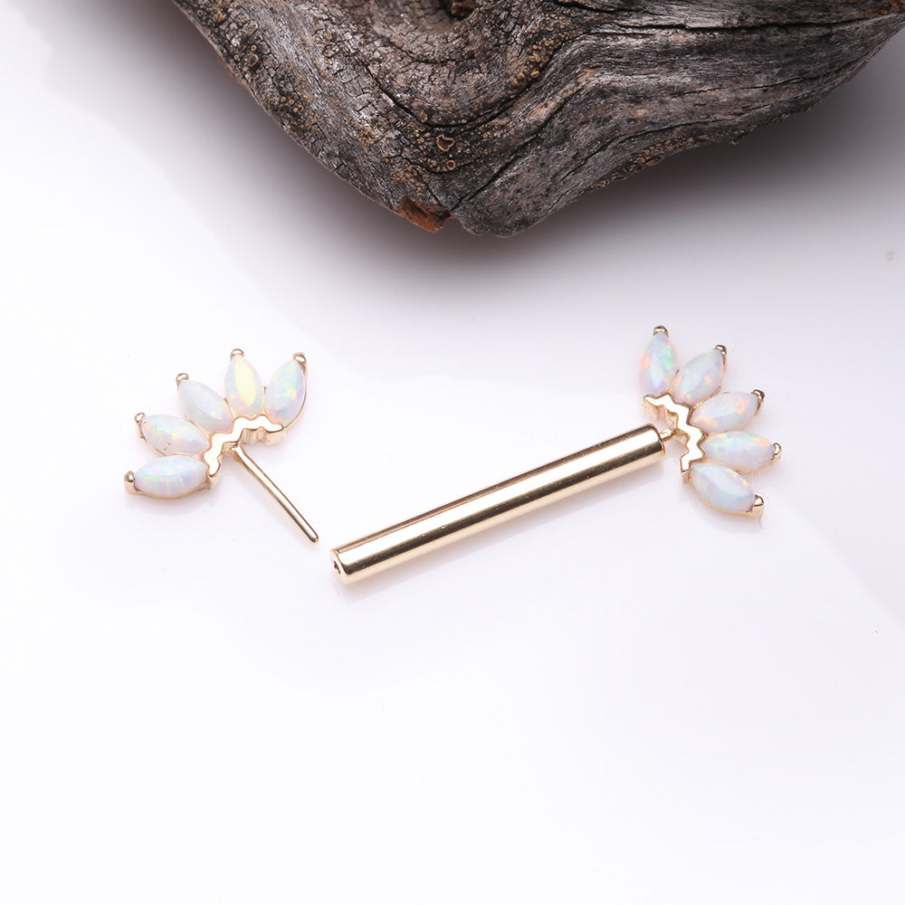 Detail View 2 of A Pair of 14 Karat Gold OneFit Threadless Marquise Fire Opal Floral Nipple Barbell-White Opal