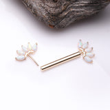 Detail View 2 of A Pair of 14 Karat Gold OneFit Threadless Marquise Fire Opal Floral Nipple Barbell-White Opal