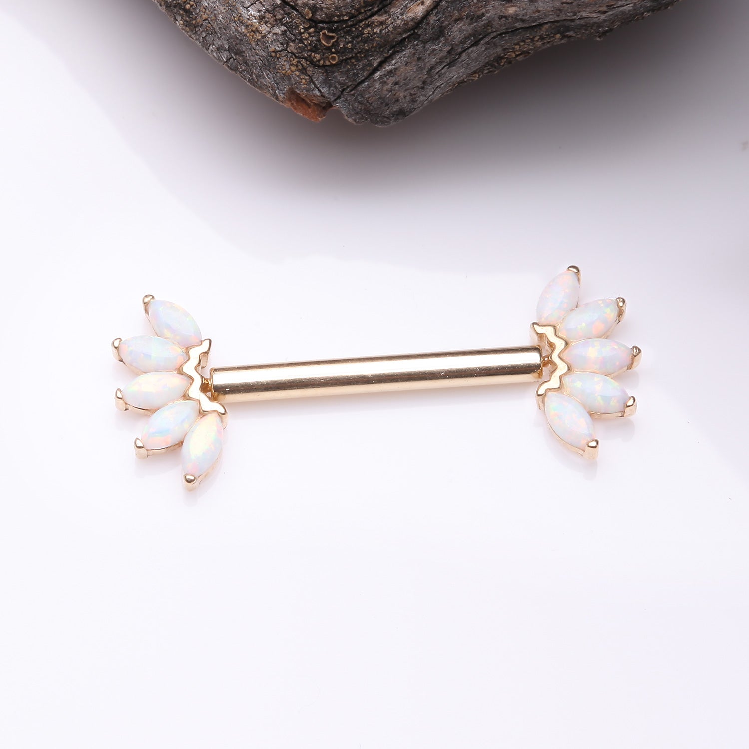 Detail View 1 of A Pair of 14 Karat Gold OneFit Threadless Marquise Fire Opal Floral Nipple Barbell-White Opal