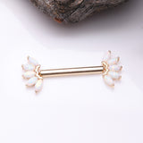 Detail View 1 of A Pair of 14 Karat Gold OneFit Threadless Marquise Fire Opal Floral Nipple Barbell-White Opal