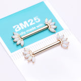 Detail View 3 of A Pair of 14 Karat Gold OneFit Threadless Marquise Fire Opal Floral Nipple Barbell-White Opal