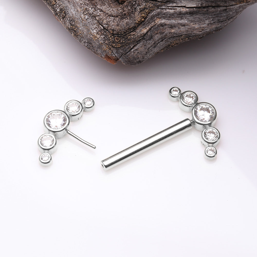 Detail View 2 of A Pair of 14 Karat White Gold OneFit Threadless Sparkle Ray Multi-Gem Nipple Barbell-Clear Gem