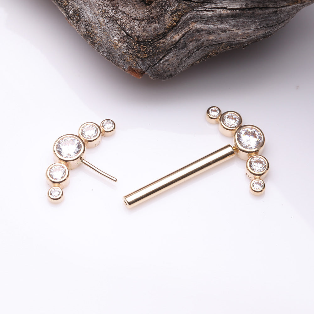 Detail View 2 of A Pair of 14 Karat Gold OneFit Threadless Sparkle Ray Multi-Gem Nipple Barbell-Clear Gem