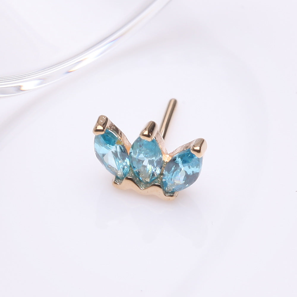 Detail View 2 of 14 Karat Gold OneFit Threadless Triple Marquise Sparkle Flower Top Part-Aqua