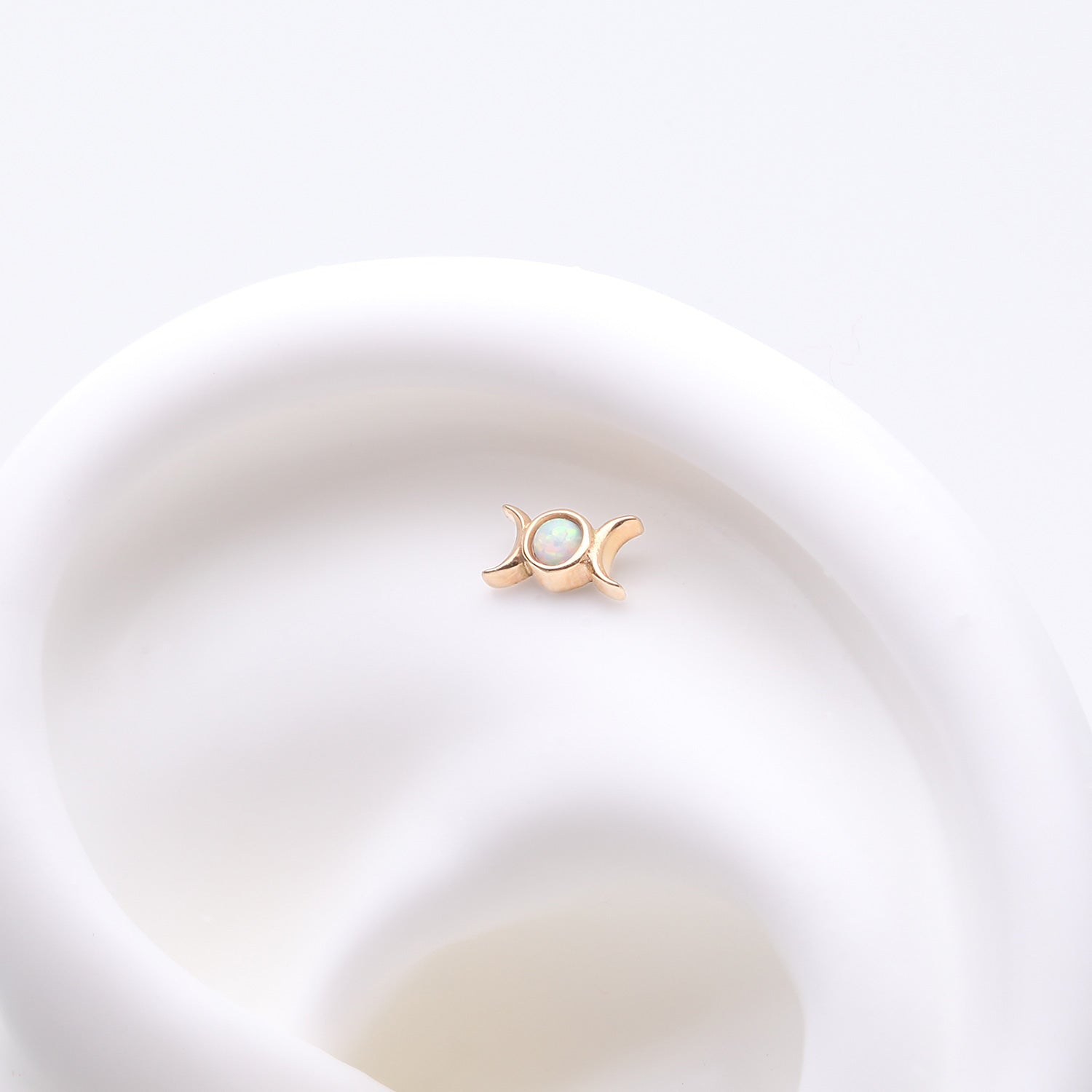 Detail View 1 of 14 Karat Gold OneFit Threadless Triple Goddess Fire Opal Moon Top Part-White Opal