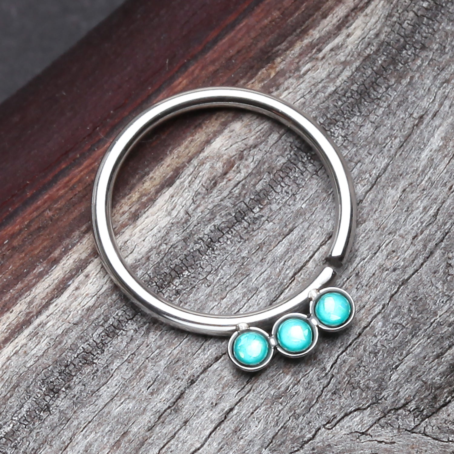 Detail View 1 of Triple Opalescent Sparkle Bendable Twist Hoop Ring-Teal