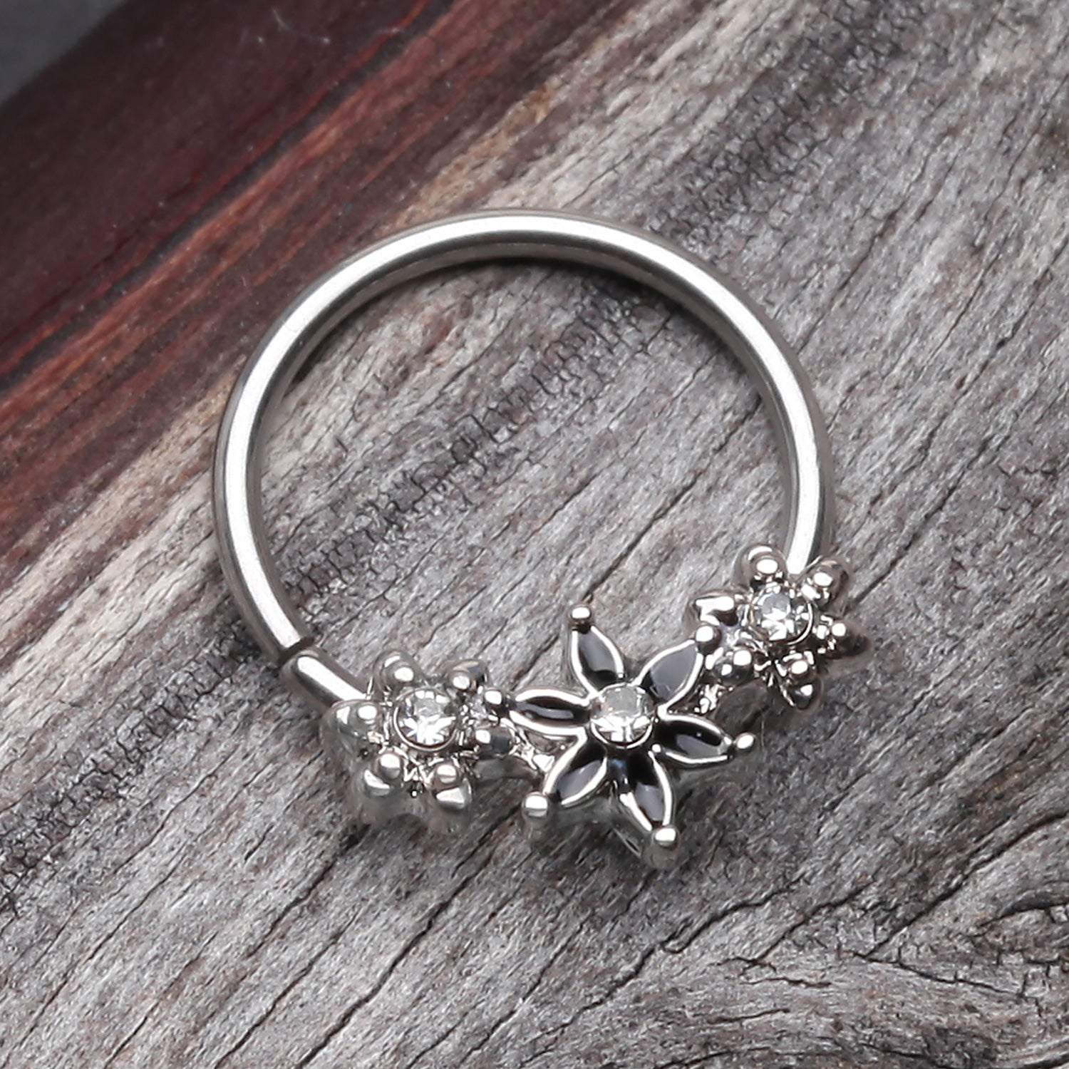 Detail View 1 of Elegant Onyx Lily Flower Sparkle Bendable Twist Hoop Ring-Clear Gem