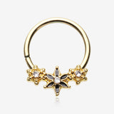 Golden Elegant Onyx Lily Flower Sparkle Bendable Twist Hoop Ring-Clear Gem