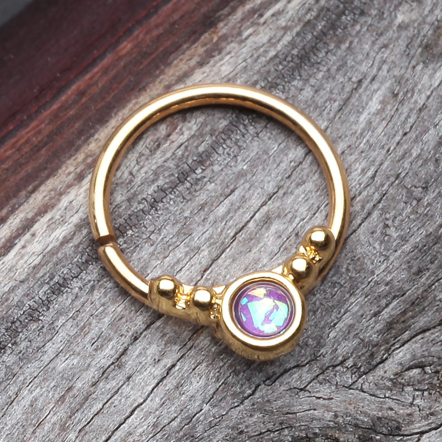 Detail View 1 of Golden Opalescent Grandiose Bendable Twist Hoop Ring-Purple