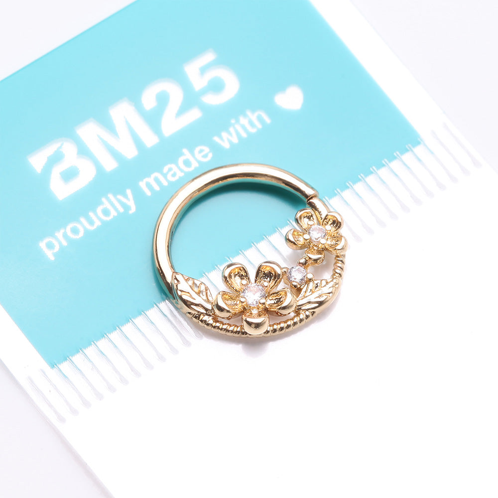 Detail View 3 of Golden Flower Garden Sparkle Bendable Hoop Ring-Clear Gem