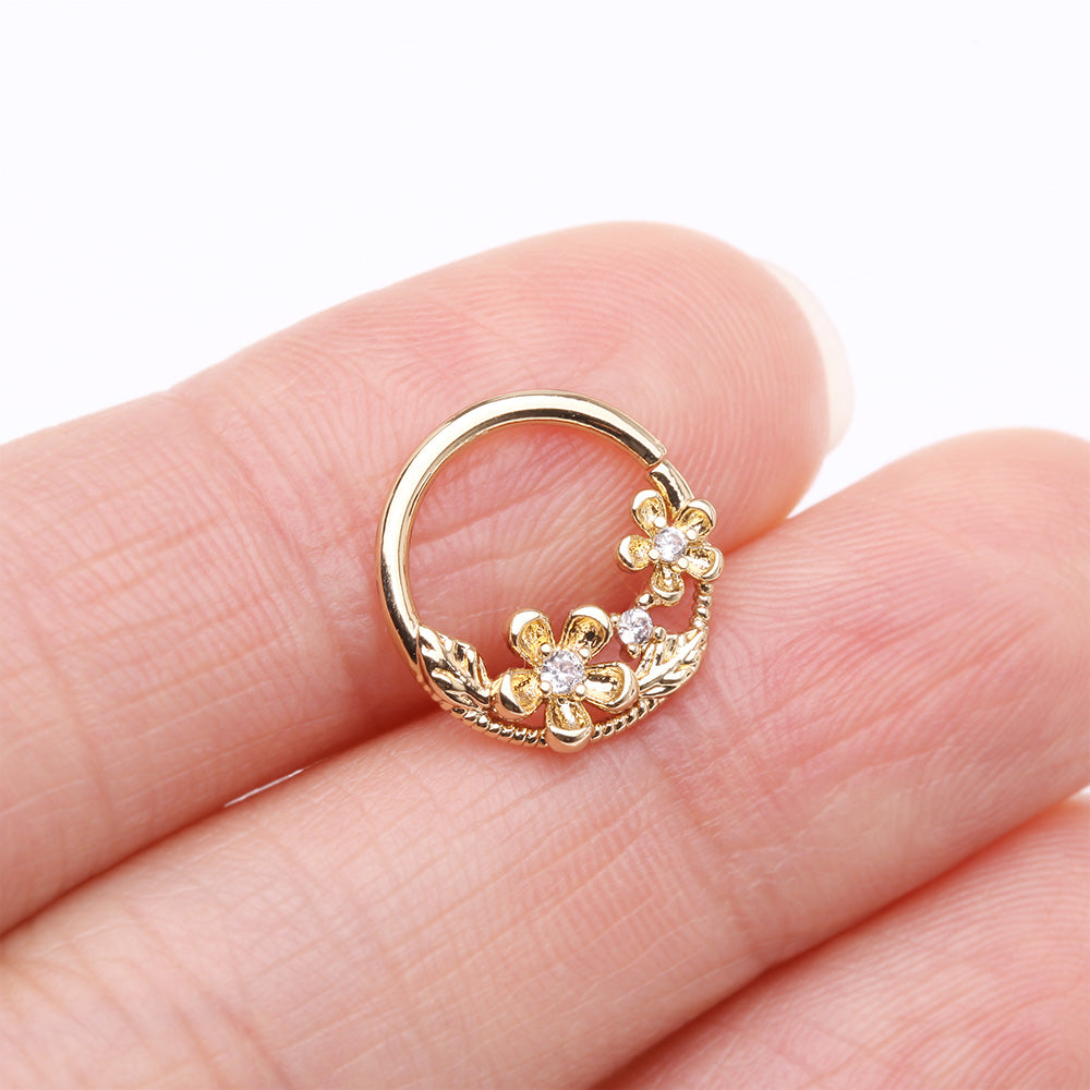 Detail View 2 of Golden Flower Garden Sparkle Bendable Hoop Ring-Clear Gem