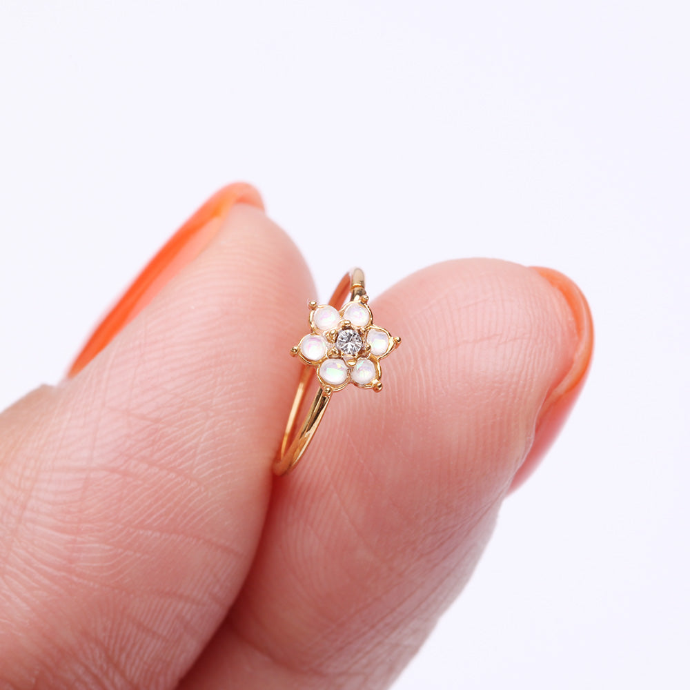 Detail View 3 of Golden Opalescent Spring Flower Sparkle Bendable Hoop Ring-Clear Gem/White