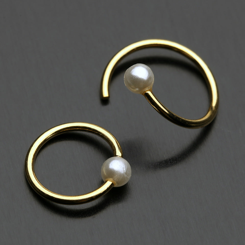 Detail View 3 of Golden Pearl Bead Bendable Nose Hoop-White