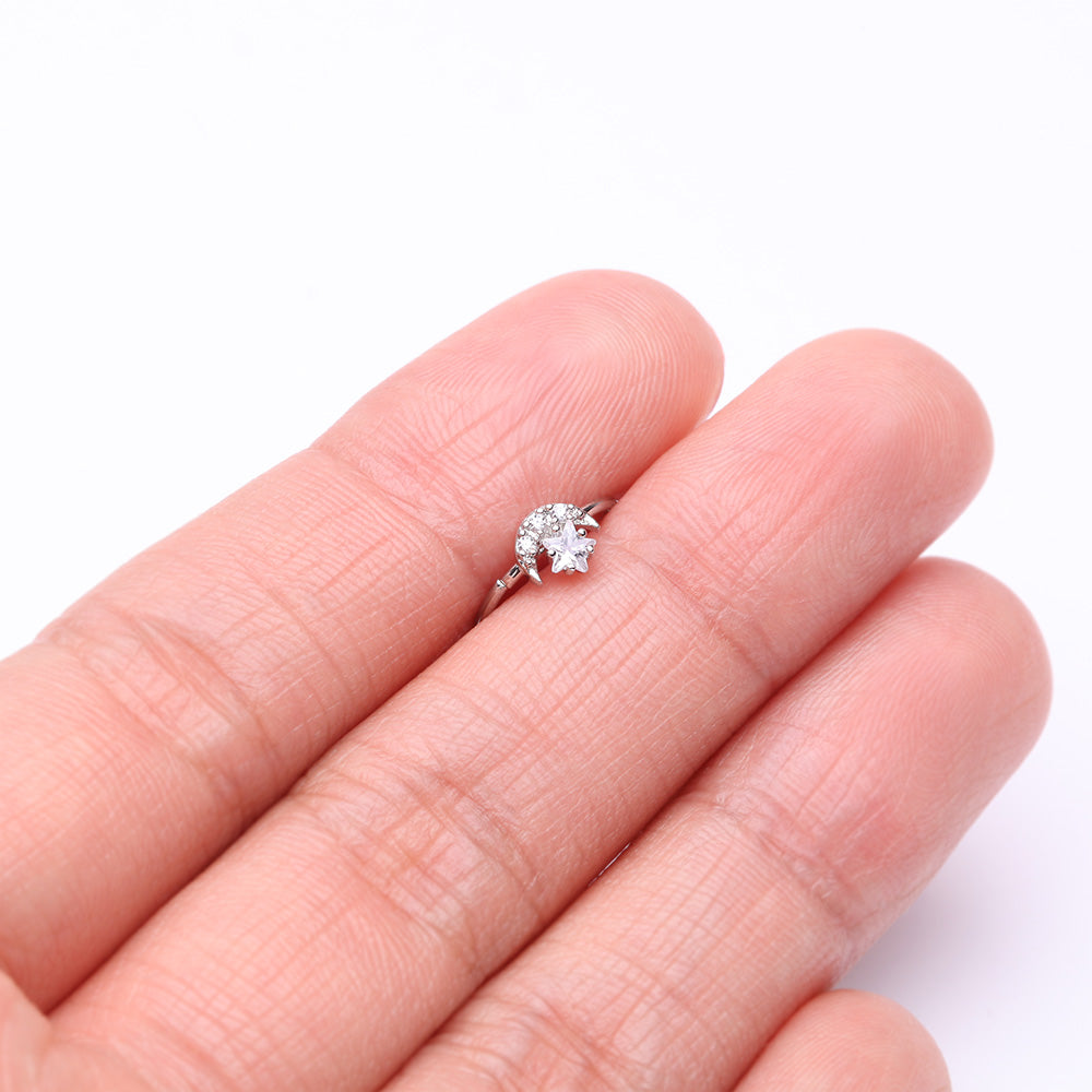 Detail View 3 of Sparkle Crescent Moon and Star Bendable Hoop Ring-Clear Gem