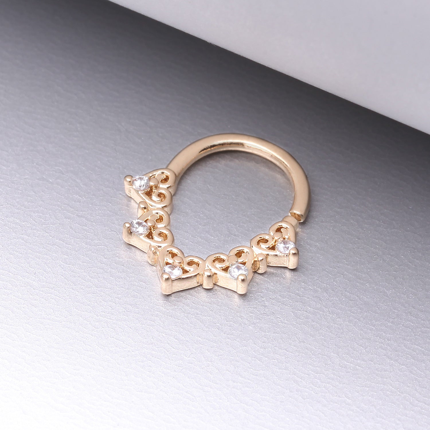 Detail View 1 of Golden Royal Heart Filigree Sparkle Bendable Hoop Ring-Clear Gem