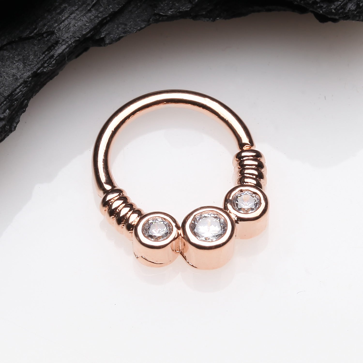 Detail View 1 of Rose Gold Trine Essence Sparkle Bendable Seamless Hoop Ring-Clear Gem