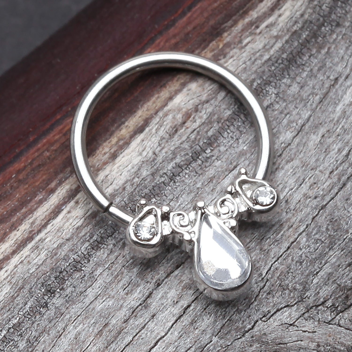 Detail View 1 of Radiant Kao Teardrop Sparkle Bendable Twist Hoop Ring-Clear Gem