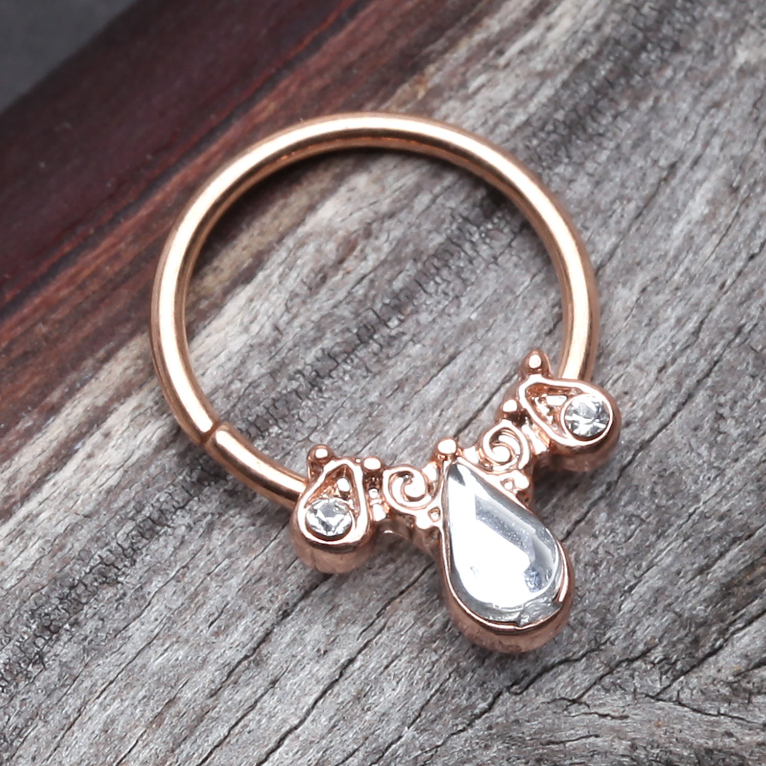 Detail View 1 of Rose Gold Radiant Kao Teardrop Sparkle Bendable Twist Hoop Ring-Clear Gem