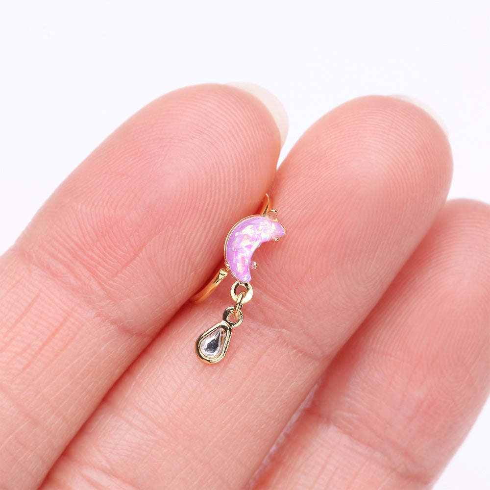 Detail View 2 of Golden Opalescent Crescent Moon with Teardrop Dangle Sparkle Bendable Hoop Ring-Lavender/Clear Gem