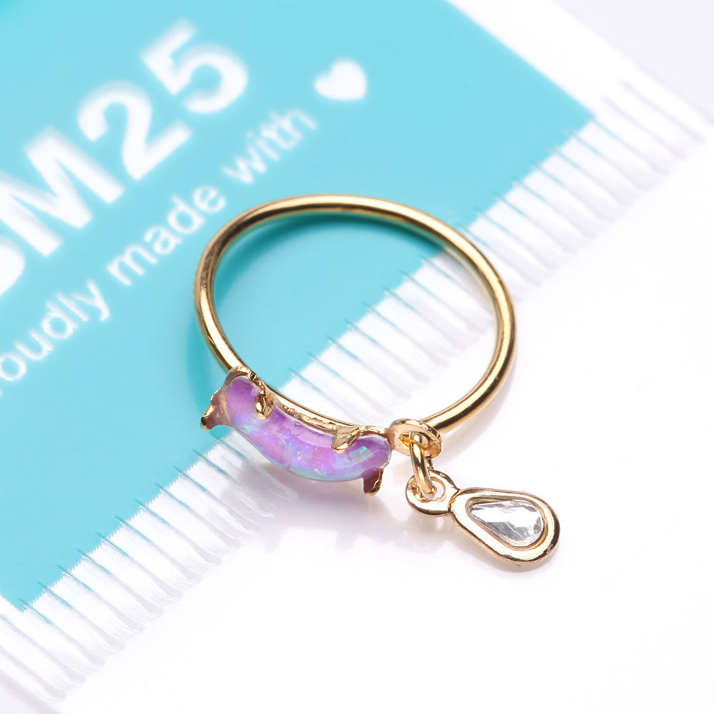 Detail View 3 of Golden Opalescent Crescent Moon with Teardrop Dangle Sparkle Bendable Hoop Ring-Lavender/Clear Gem