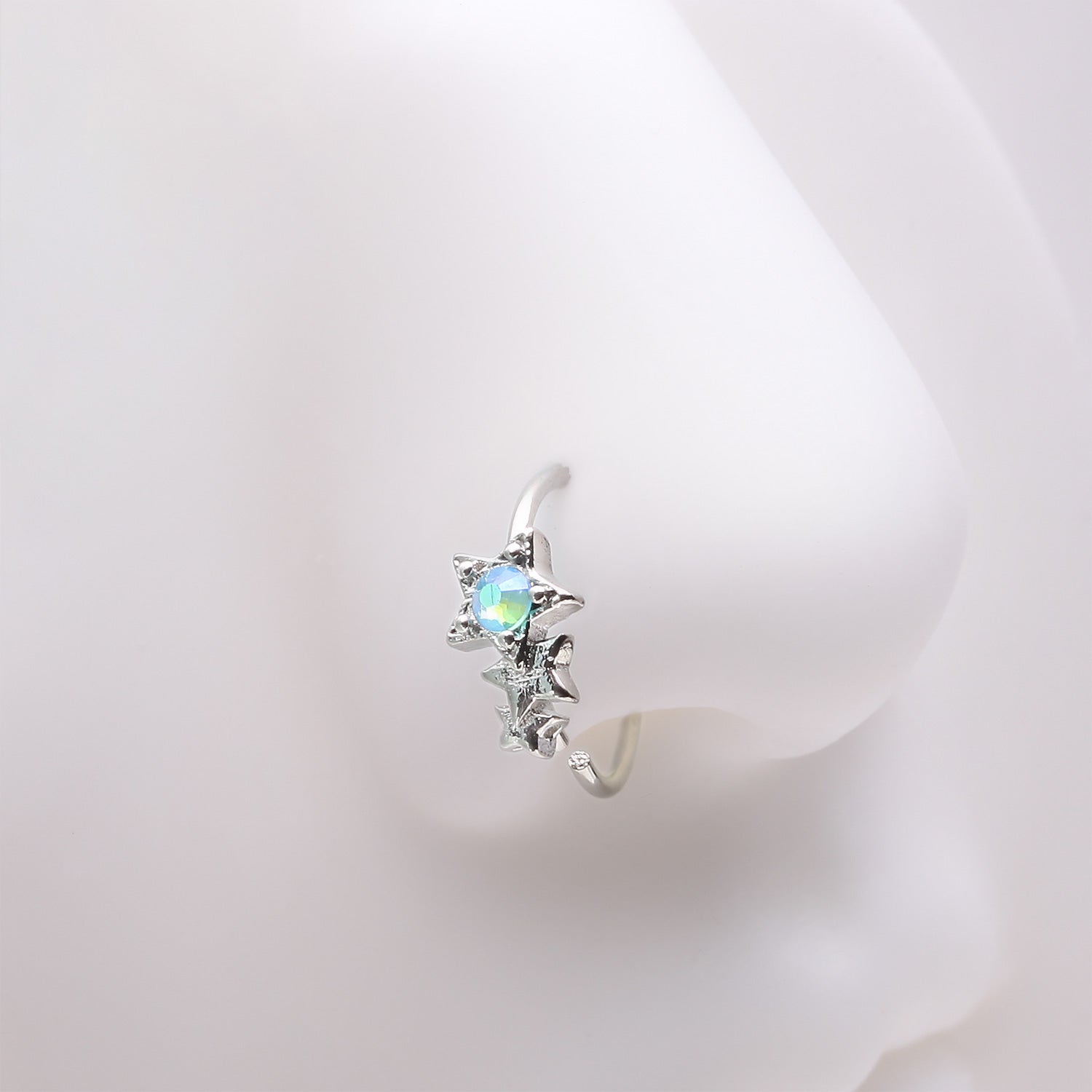 Detail View 1 of Cascading Shooting Star Iridescent Sparkle Bendable Hoop Ring-Aqua/Aurora Borealis