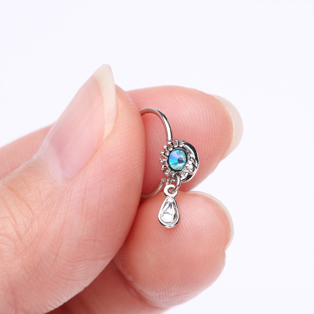 Detail View 2 of Iridescent Sun and Crescent Moon Sparkle Dangle Bendable Hoop Ring-Clear Gem/Aqua