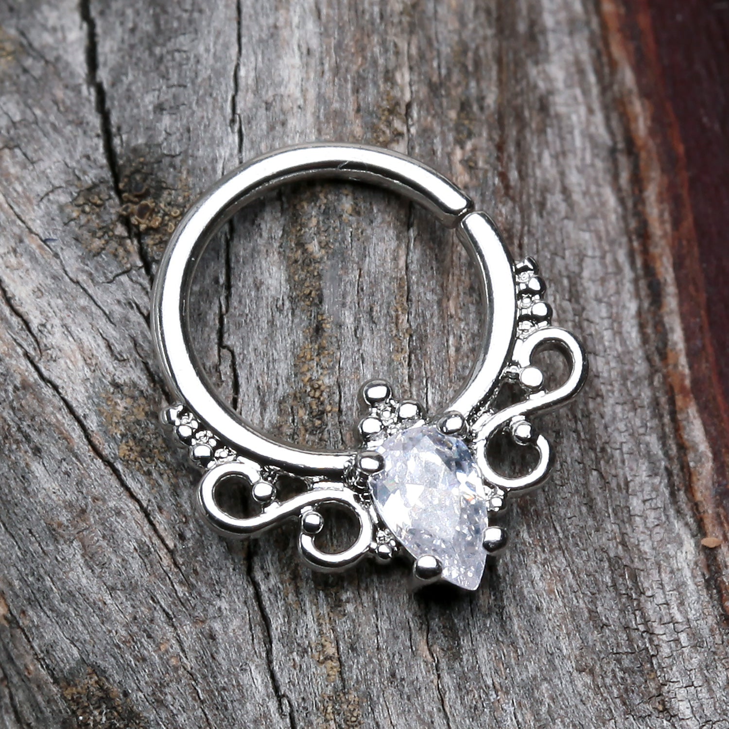 Detail View 1 of Princess Filigree Sparkle Septum Twist Loop Ring-Clear Gem