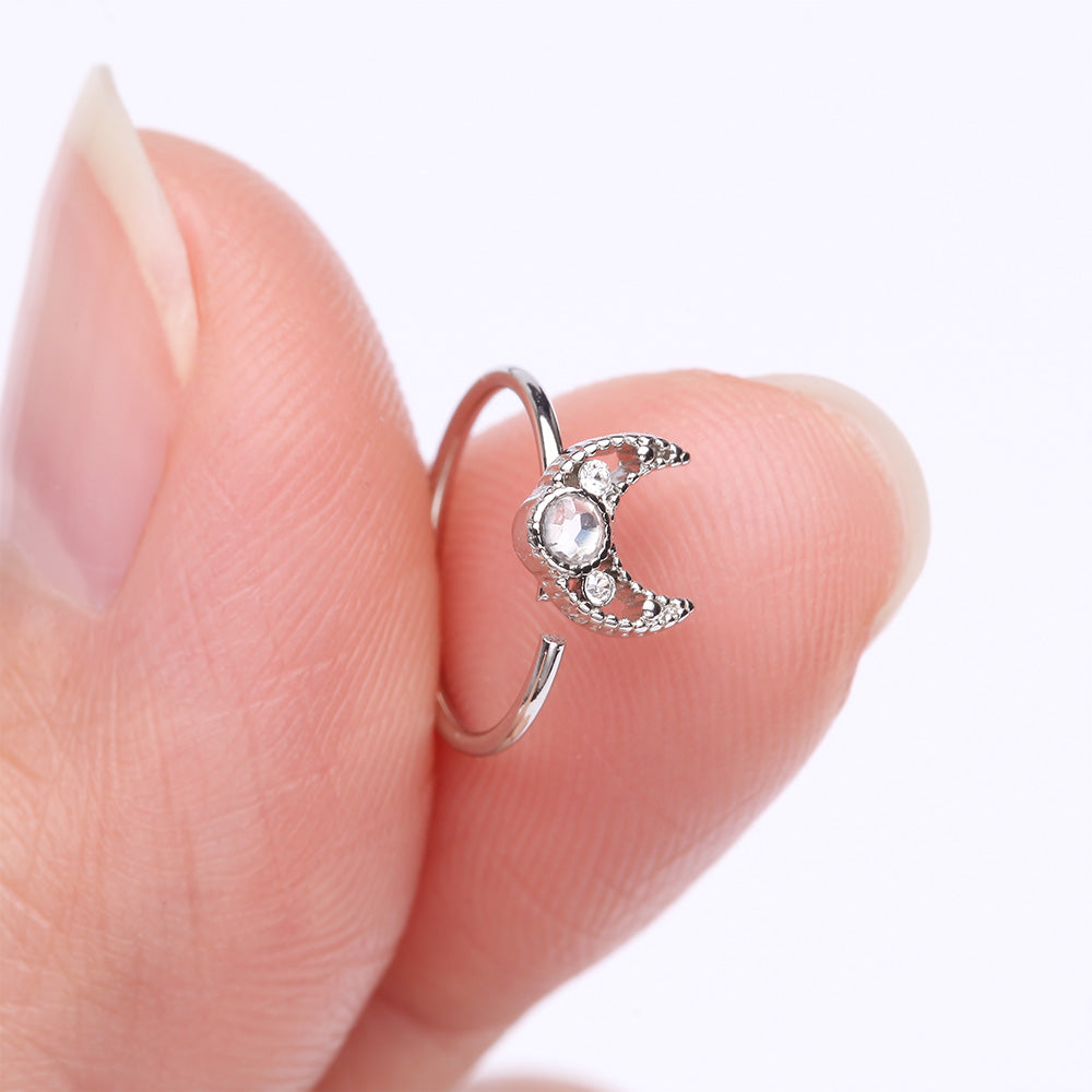 Detail View 2 of Lacey Crescent Moon Sparkle Bendable Hoop Ring-Clear Gem