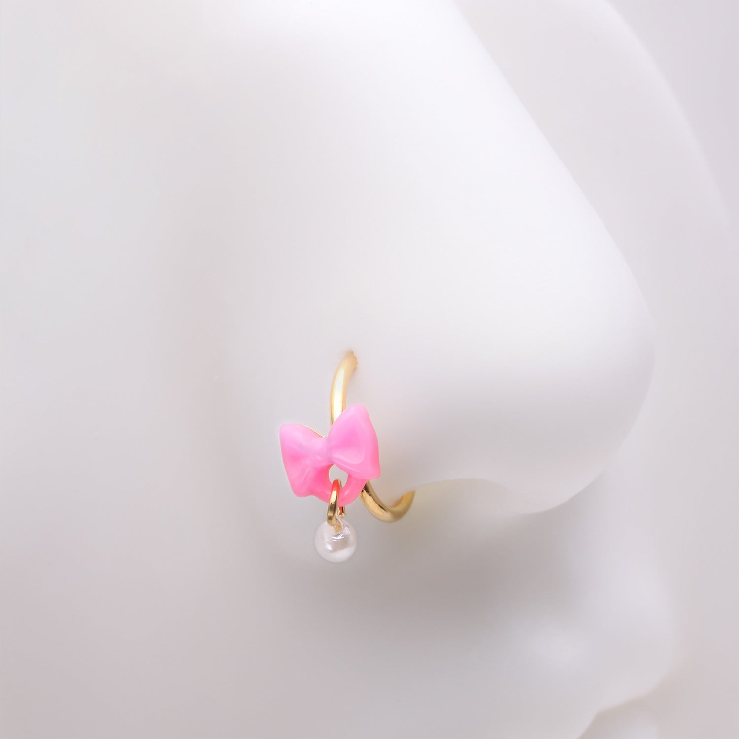 Detail View 1 of Golden Kawaii Pop Bow-Tie Pearl Dangle Bendable Hoop Ring-Pink/White