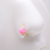 Detail View 1 of Golden Kawaii Pop Bow-Tie Pearl Dangle Bendable Hoop Ring-Pink/White