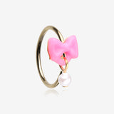 Golden Kawaii Pop Bow-Tie Pearl Dangle Bendable Hoop Ring