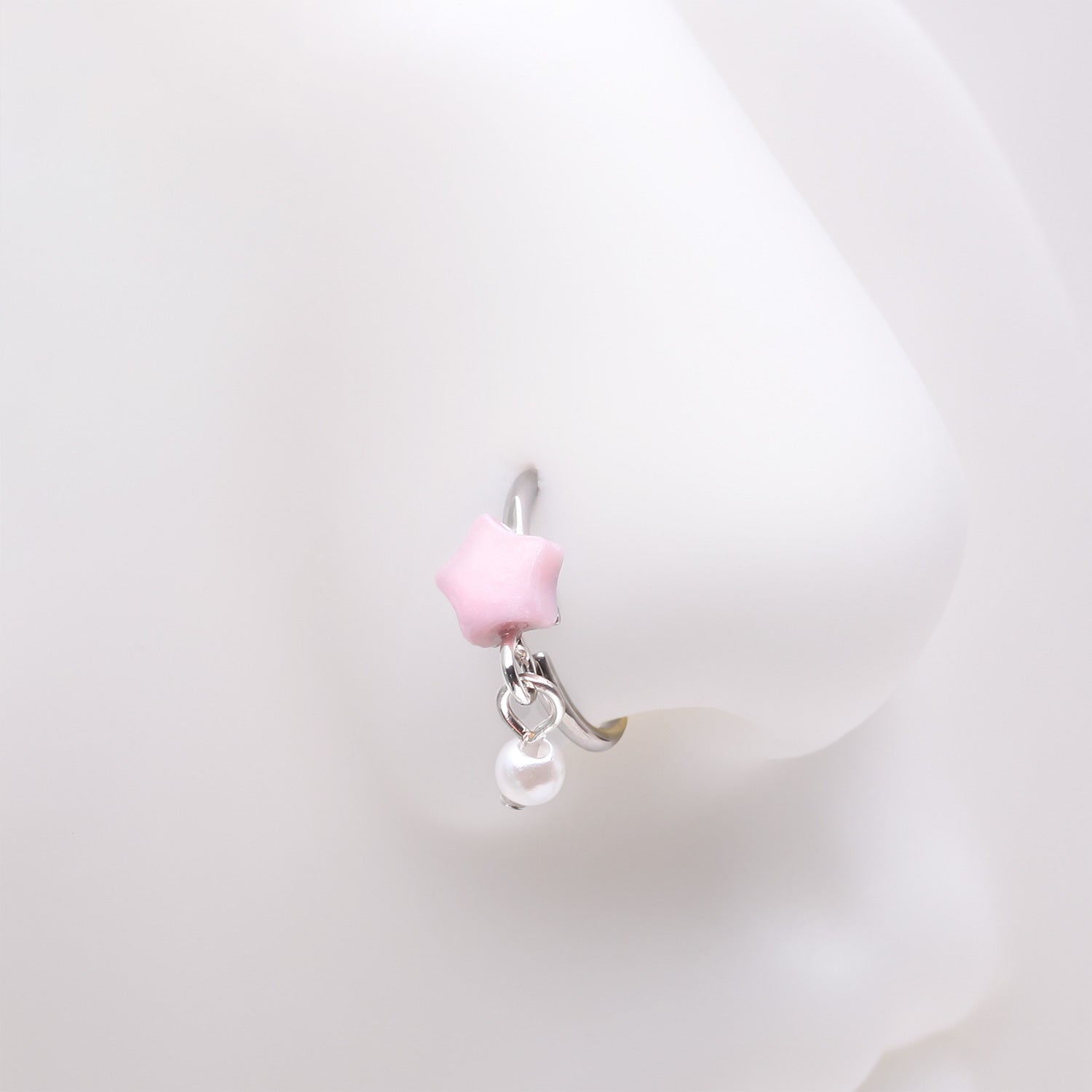 Detail View 1 of Kawaii Pop Fluffy Star Pearlescent Dangle Bendable Hoop Ring-Pink/White