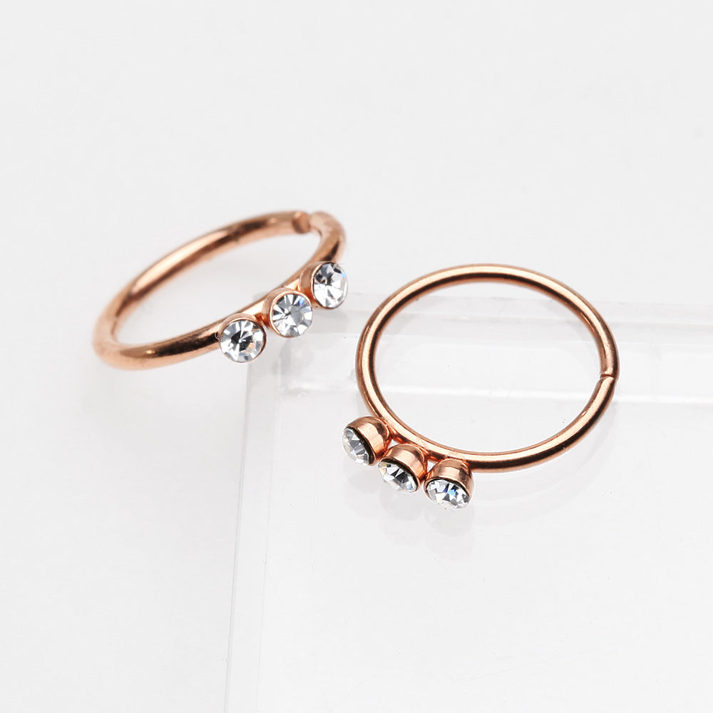 Detail View 2 of Rose Gold Triple Gem Sparkle Bendable Twist Hoop Ring-Clear Gem