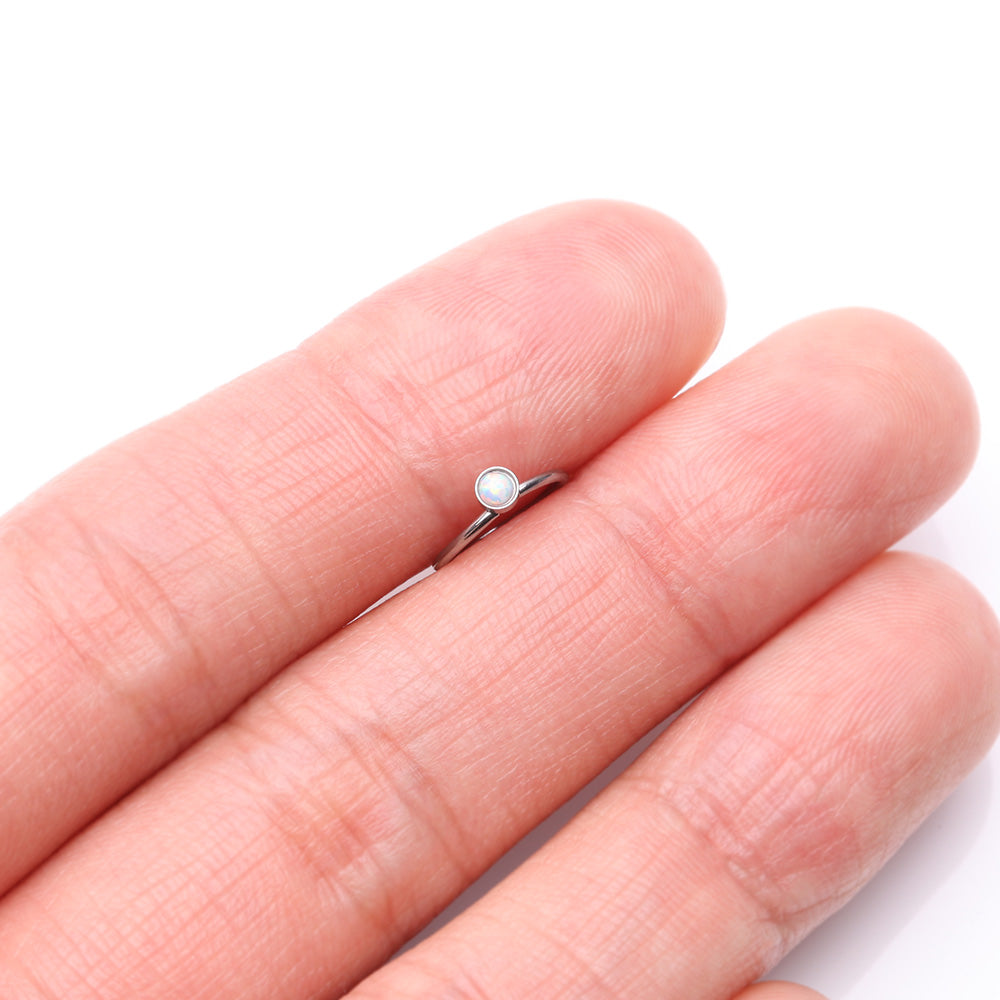 Detail View 2 of Fire Opal Sparkle Bezel Set Bendable Hoop Ring-White Opal