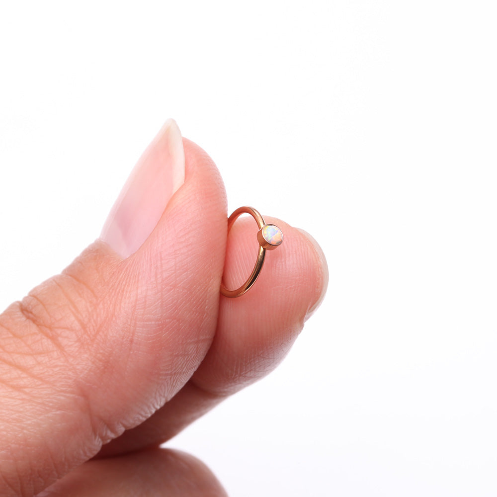 Detail View 2 of Rose Gold Fire Opal Sparkle Bezel Set Bendable Hoop Ring-White Opal