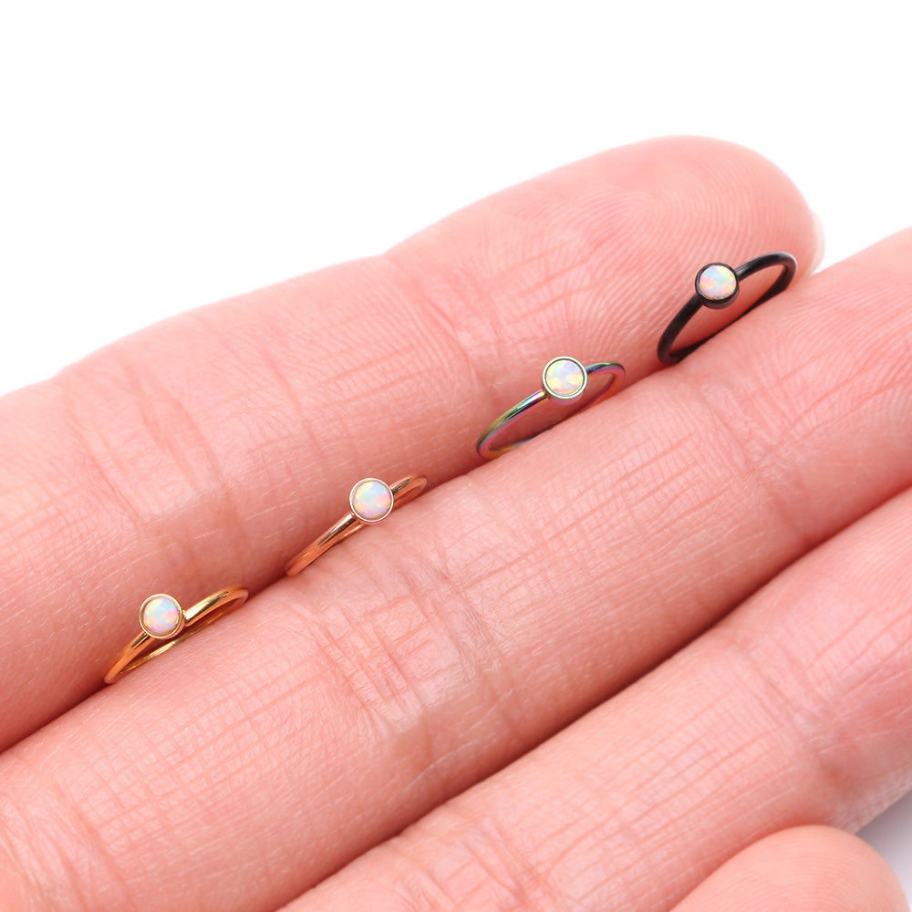 Detail View 3 of Rose Gold Fire Opal Sparkle Bezel Set Bendable Hoop Ring-White Opal