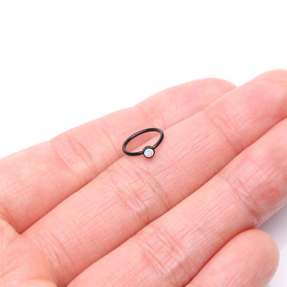 Detail View 2 of Blackline Fire Opal Sparkle Bezel Set Bendable Hoop Ring-White Opal