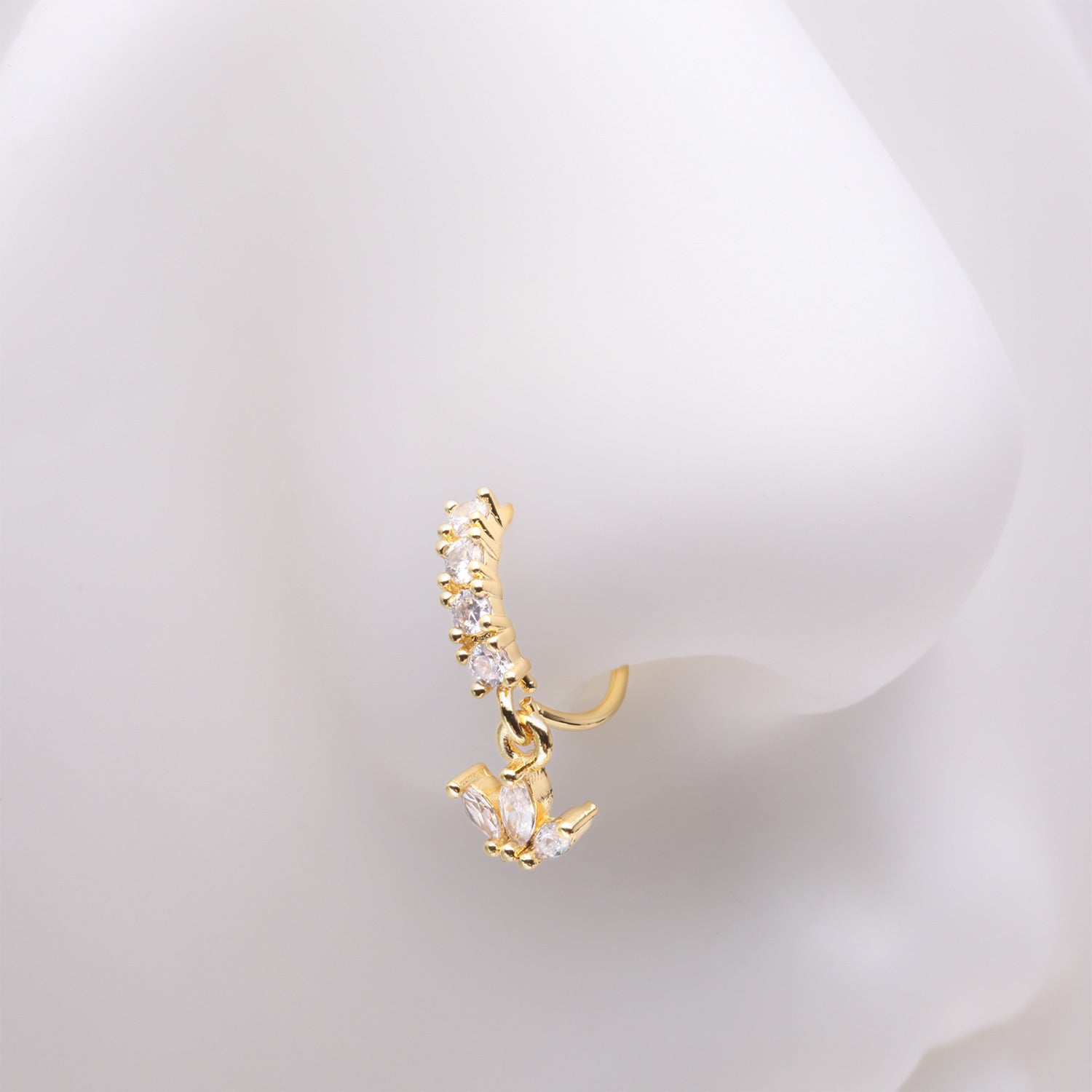 Detail View 1 of Golden Trefoil Marquise Floral Sparkle Dangle Multi-Gem Lined Bendable Hoop Ring-Clear Gem